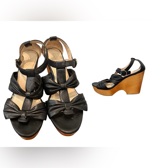 Coach Strappy Platform Sandal Black Leather Wood Wedge Clog Heel Size 10 READ - Picture 1 of 11